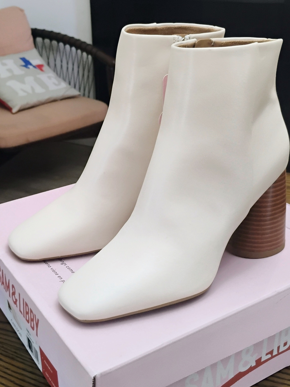 Sam & Libby Off-White Block Heel Ankle Boots